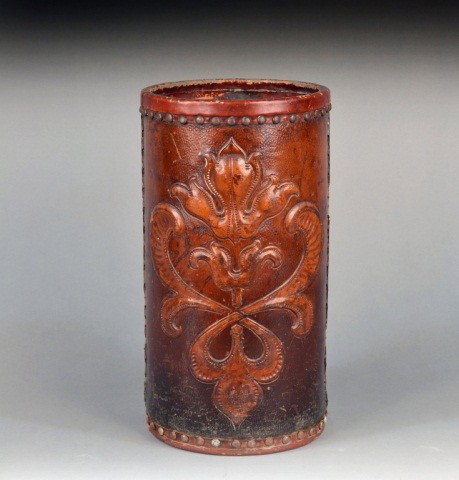 Leather Umbrella Stand: Embossed decoration. Height 17 inches.