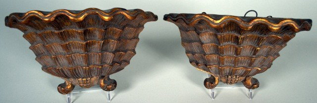 Pair of Gilt Wood Wall Pockets: Each in the form of an open half seashell, with metal liner. Height 7 inches.