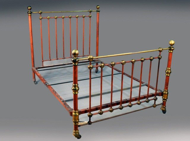 Brass Bed: 19th century, with conforming bedsteads and headboards, surmounted with newell post finials. Height 63 inches, width 61 inches.