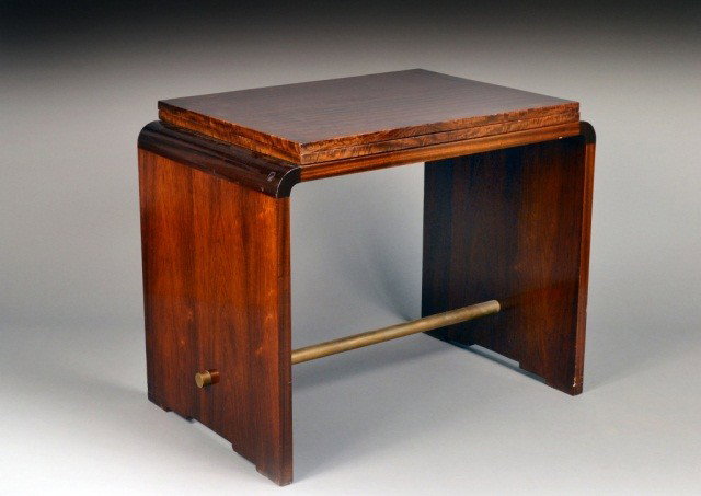Art Deco Swivel Top Table: Mahogany with walnut banded top and brass fold top swivel work table. Height 30 inches, width 36 inches, depth 24 inches.