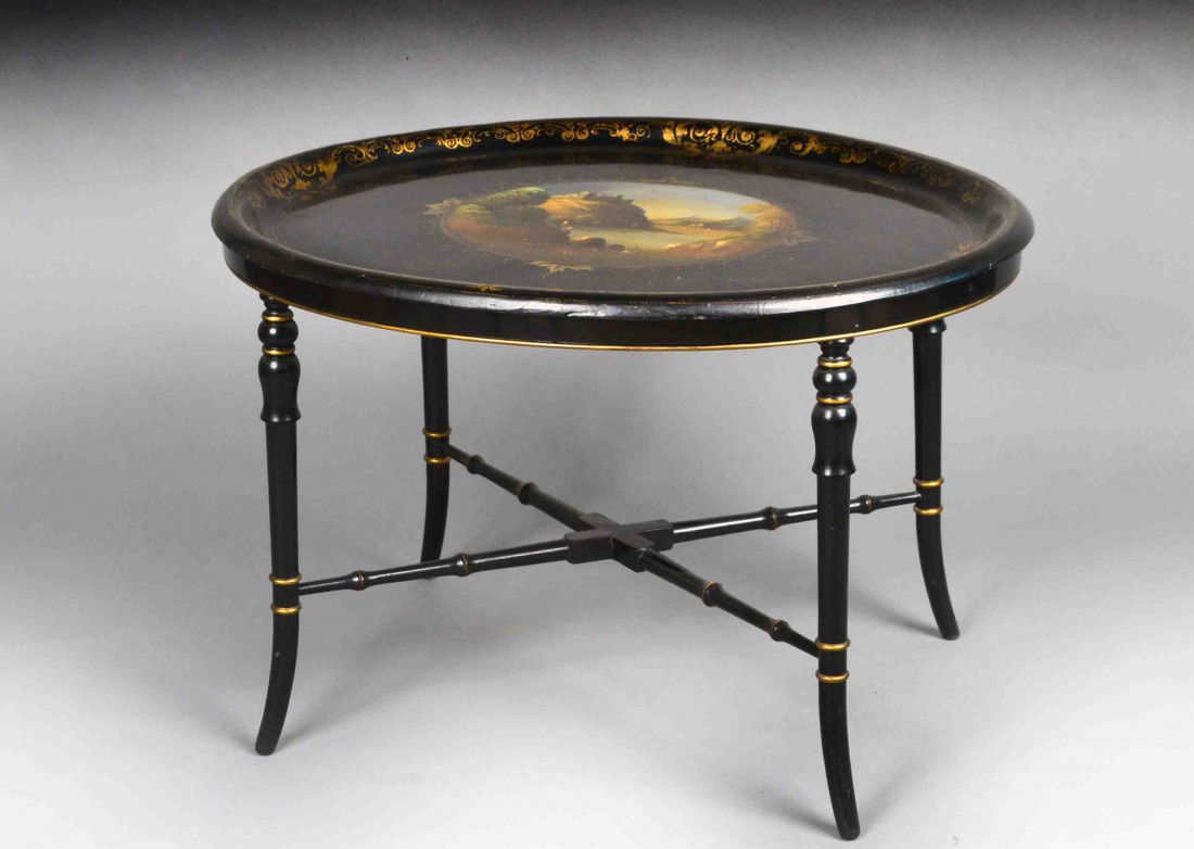 English Papier Mache Oval Tray on Stand: Early 19th century, faux bamboo base. Height 20 inches, width 29 1/2 inches, depth 24 inches.