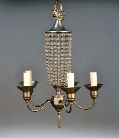 Nickel Plated Five Light Art Deco Chandelier: With clear crystal beads in the form of an urn. Height 24 inches, width 20 inches.
