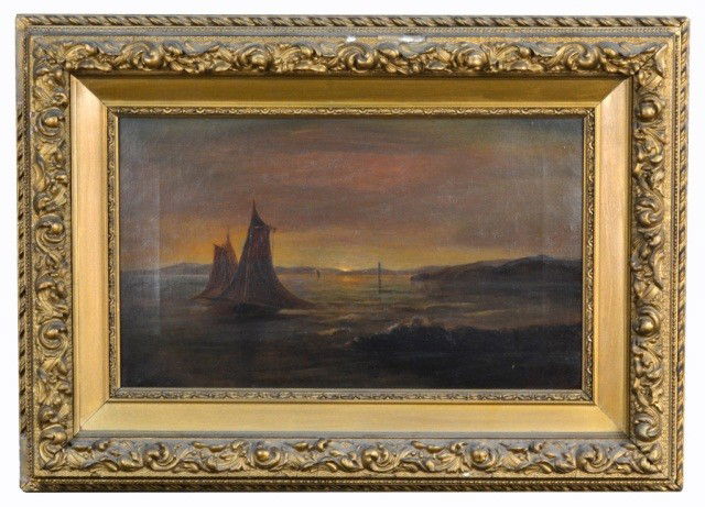 Dutch School Coastal Scene with Sailboats: Oil on canvas, 12 x 20 inches.