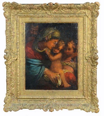 Dutch School Mother and Children: Oil on panel, 19 1/2 x 15 inches.