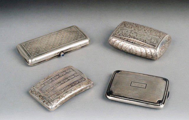 Four Silver Boxes: Comprising four unmarked silver boxes, probably Continental. Total approximately 5 ounces.