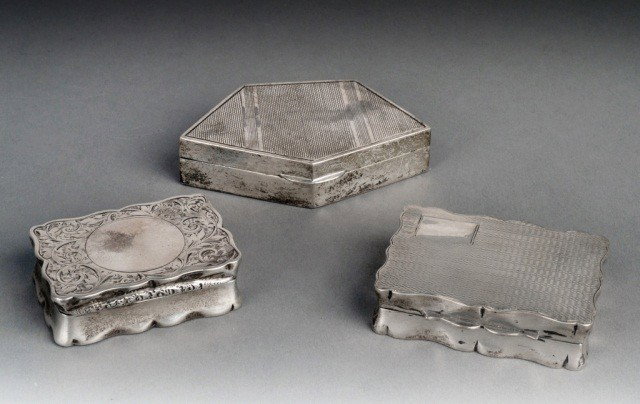 Three English Silver Boxes: Comprising: Birmingham, Chester and Sheffield silver boxes. Total approximately 5.5 ounces.