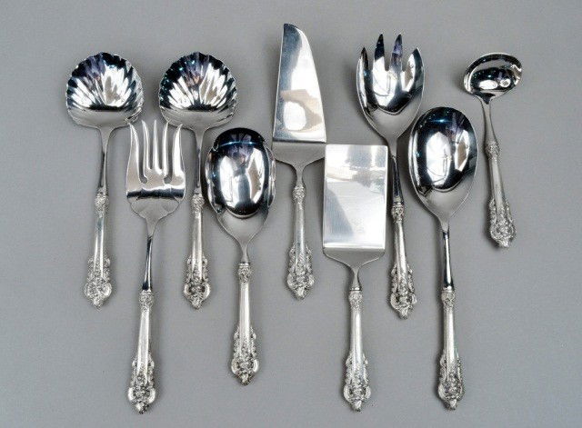 Wallace Silversmiths Sterling Serving Flatware: Grand Baroque pattern, nine serving pieces with sterling silver handles.