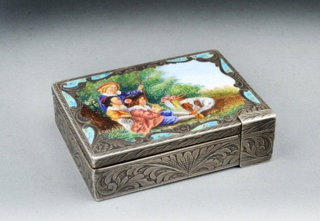 Italian Silver and Enamel Compact: Marked 800, 5.75 oz. inclusive.