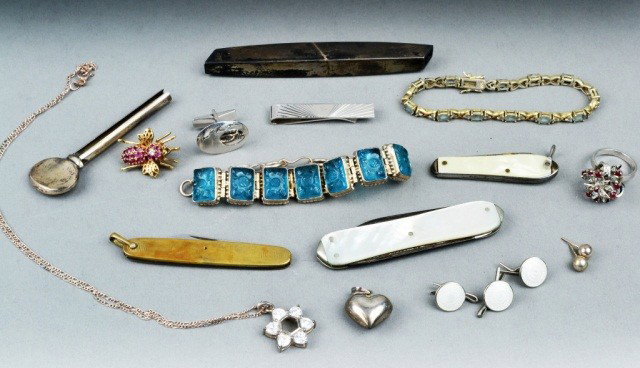 Miscellaneous Group of Jewelry: Mostly sterling silver articles, including a Tiffany & Co. tube ringer, two bracelets, ring, tie bar, etc.