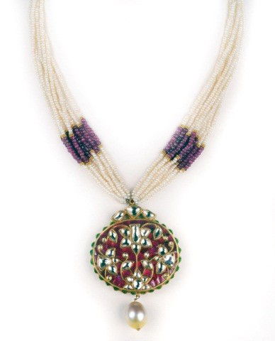 Indian Mughal Kundan Style Pendant *: 19th century, cut ruby and diamond with seed pearl necklace and baroque pearl. 22k gold Ex collection - Maharajah of Jaipur. Provenance: Shechan Charity Auction, May 16, 2006, Hong Kong