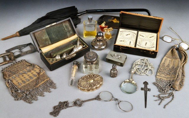 Miscellaneous Group of Decorative Articles: Ink bottle, vintage umbrella, beaded purse, lorgnettes, compact, three perfume bottles, etc.