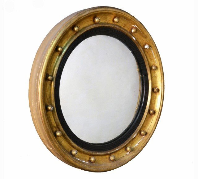 Regency Style Gilt Wood Convex Mirror: 19th century. Diameter 25 1/2 inches.