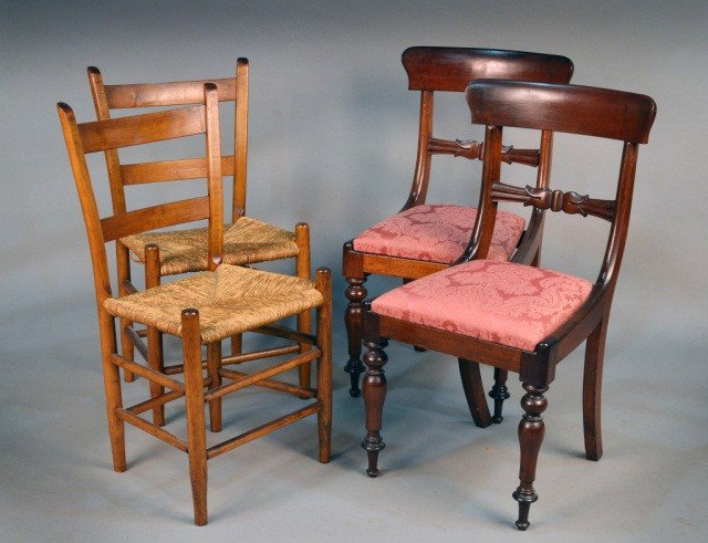 Two Pairs of Side Chairs: One pair, William IV mahogany chairs, circa 1835, with slip seats, Height 36 inches, width 19 1/2 inches, width 19 inches; and the other a pair of ladder back rush seat chairs.