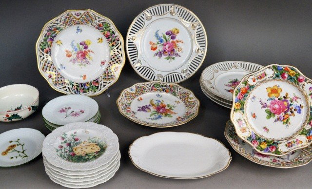 Miscellaneous Group of Porcelain Table Articles: Four Dresden plates, two sets of Limoges plates and two Limoges relish dishes, pair of salt cellars, set of four Bavarian porcelain cabinet plates, gilt decorated white serving dishes, etc. Cabinet pl