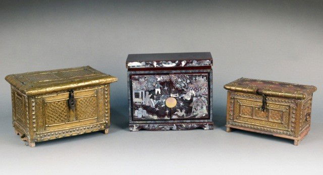 Three Decorative Boxes: Two brass clad middle eastern boxes and an Asian abalone inset lacquered jewelry box. Asian box, height 10 1/2 inches, width 12 inches, depth 5 inches.