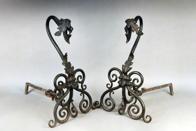 Pair of Cast Iron Andirons: Acanthus leaf and scroll decoration. Height 23 inches.