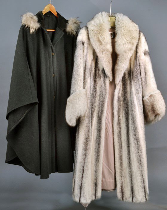 Saga Mink Coat and Cape: Lady's full length fur coat; together with a wool cape with fur trim.