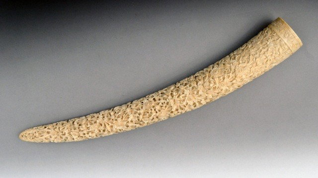 Carved Asian Ivory Tusk: Allover floral and foliate decoration. Length 20 1/2 inches.