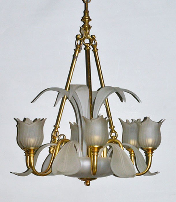 Art Nouveau Chandelier: Gilded metal six light fixture with frosted tulip motif shade. Height 25 inches, diameter 22 inches.