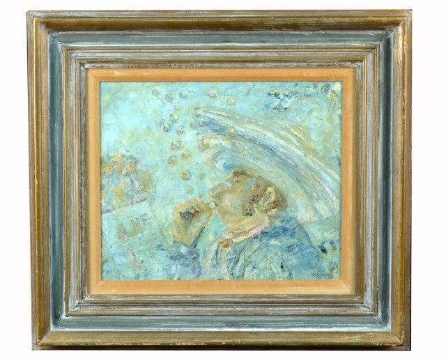 John Morris (20th c) Bubble Blower: Oil on masonite, signed l.r. 14 1/2 x 17 3/4 inches.