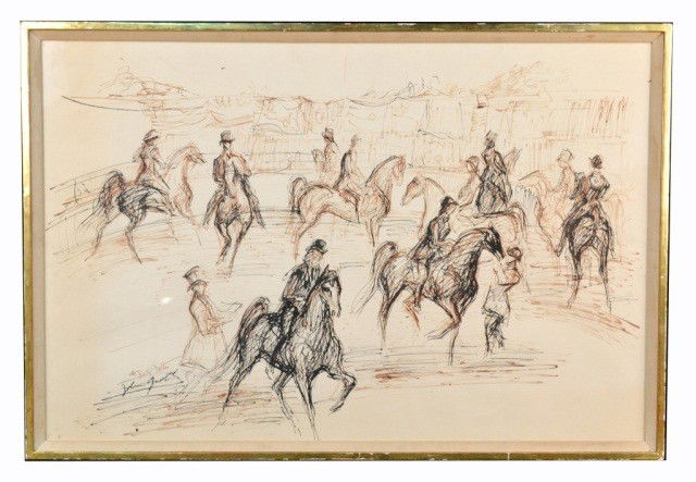 John Groth (Am, b. 1908) Dressage: Mixed media on paper, signed l.l. To Marty Nathan, John Groth. 26 x 39 1/2 inches.