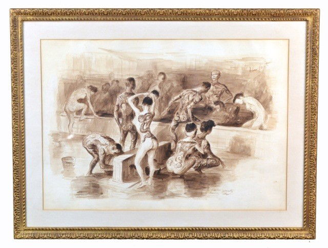 John Groth (Am, b. 1908) Tattoo Society Meeting: Mixed media drawing on paper. Signed u.r. John Groth, titled l.r. Tattoo Society Meeting Together. 22 x 32 inches.