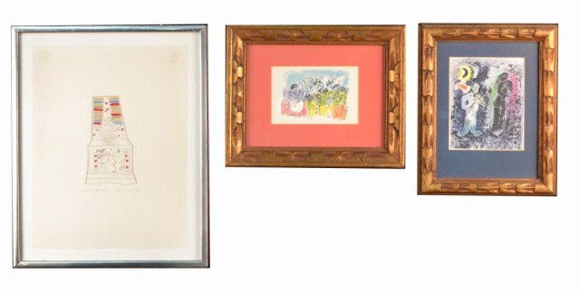 Weyman Lew (Am. 20th c) Love-o-meter: Lithograph. Edition number 23/40, signed in pencil and dated '76, together with two prints, abstract figures at night and abstract musicians. Love-o-meter size 17 x 13 inches.