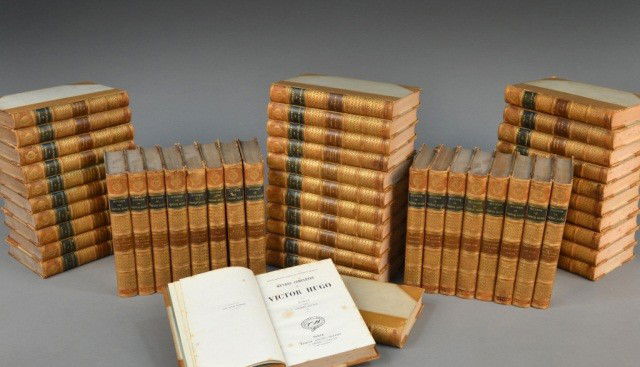 Oeuvres de Victor Hugo: The Works of Victor Hugo. Definitive editions after the oiginal manuscripts. Approximately 45 leather bound volumes, including Les Miserables Vol. 1-5, Les Travailleurs de la Mer, Odes de Ballades, La