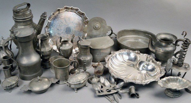 Miscellaneous Group of Pewter Articles: Comprising beakers, pitchers, boxes and flatware; together with two silver plated trays.