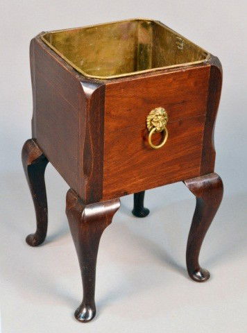 Queen Anne Style Mahogany Jardiniere on Stand: Square with ring and mask decoration, cabriole legs, pad feet, metal liner. Height 20 inches, 12 1/2 inches square.