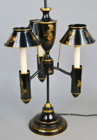 Three Light Painted Tole Table Lamp: With floral decoration. Height 27 inches.