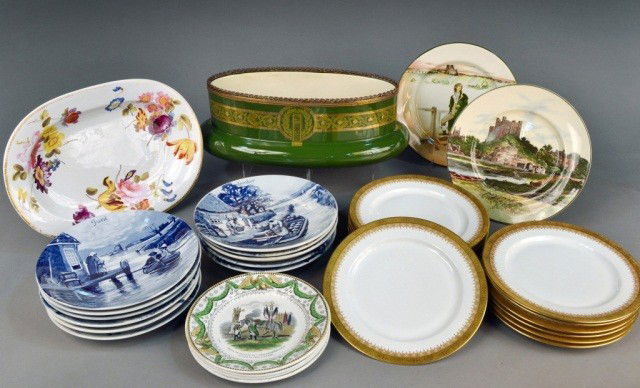 Group of English and Continental Table Articles: Comprising set of twelve Limoges porcelain dinner plates, four French faience cabinet plates, Derby porcelain platter, pair of English earthenware cabinet plates, set of eleven Dutch calendar cabinet