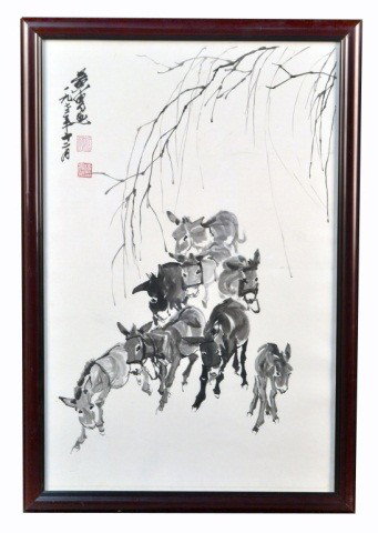 Chinese Watercolor Painting: Donkeys under a branch, Hung Zhou. 28 1/2 x 19 inches.
