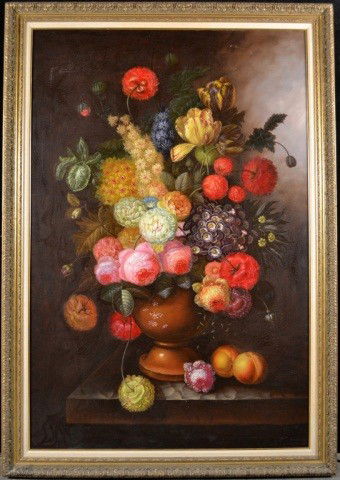Dutch School Floral Still Life: Flowers in a vase with peaches, oil on canvas. 72 x 48 inches.