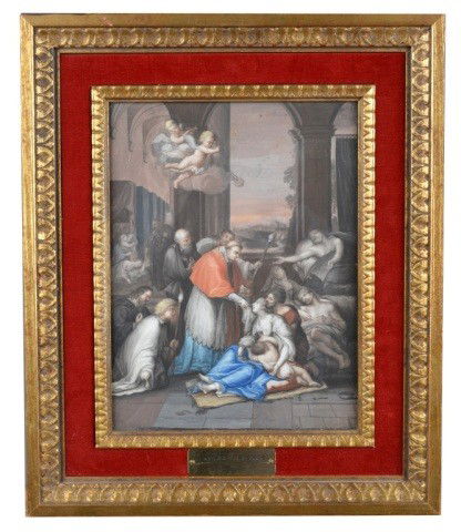 Attr. to G. Hoet the Elder (Dutch, 1648-1733) St.: St. Charles Borromeo among the Plague Victims. 17th century gouache. Sight size 11 1/4 x 8 1/2 inches. Provenance: Christie's Important Paintings by Old Masters sale Lot #135. January 11, 1979.