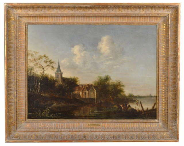 J. van der Croos (Dutch 1610 - 1690) Landscape: River Landscape with Church. Oil on panel, initialed. 19 1/2 x 26 1/2 inches. Provenance: Christie's Important Paintings by Old Masters, sale 5111 Lot # 135 January 19, 1982.