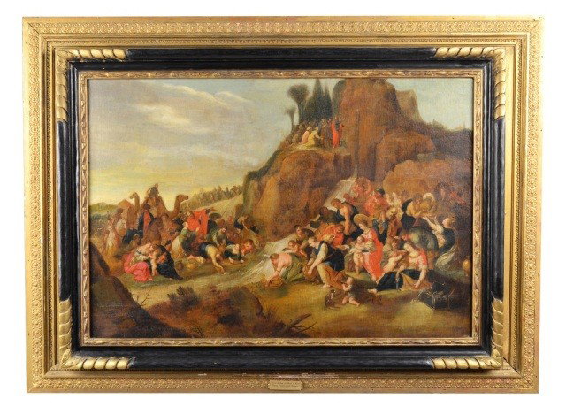 Frans Francken the Elder (Flem. 1542-1616) Moses: Moses Striking Water form the Rock. Oil on canvas, signed "Do ffranck fin". 26 x 39 inches. Provenance: Certified by Prof. W. Suida, Curator of Kresge Museum. Christie's New York, sale 6152 lot # 134 