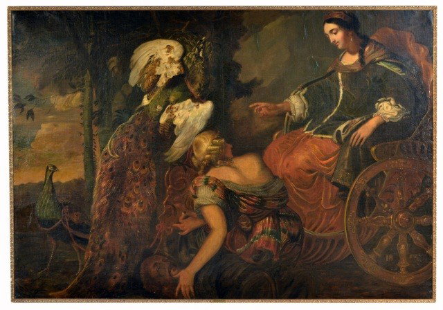Adrian Van Utrecht (Flem, 1599-1653) Juno: Juno and the Peacocks. Oil on canvas, signed and dated l.l. 1624. 92 1/2 x 64 inches. Provenance: Sotheby's Parke Bernet Sale 525 Lot #7, December 14, 1976.