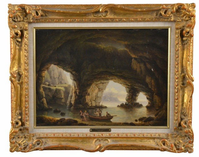 Thomas Luny (Brit, 1759-1837) Grotto Scene: 18th century oil on board. signed l.l. Luny 1837. 11 3/4 x 16 inches.