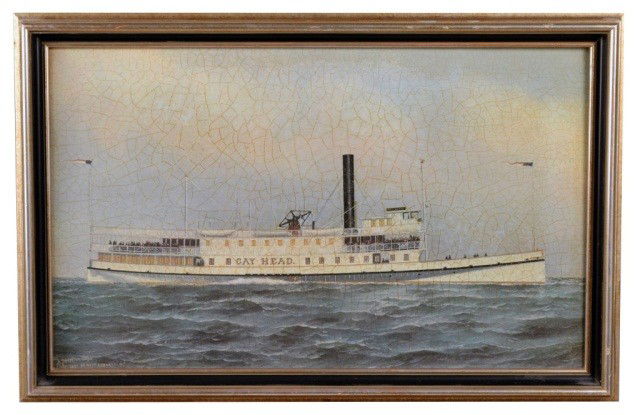 Antonio Jacobsen (Am, 1850-1921) Paddlewheel Ship: Depicting the "Gay Head" at sea. Oil on canvas, signed and dated l.l. 1892, Palisades Ave. Hoboken, New Jersey. 13 3/4 x 22 3/4 inches.