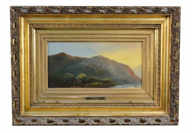 David Johnson (Am, 1827-1908) Storm King Mountain: View of Storm King Mountain. Oil on board, initialed l.r. 8 x 13 1/2 inches.