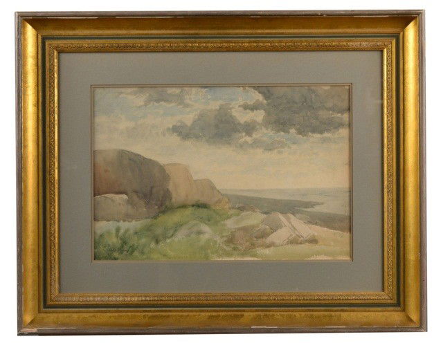 Edward Moran (Am, 1829-1901) Montauk Shore: Watercolor on paper, signed l.r. Sight size 10 1/4 x 15 1/4 inches.