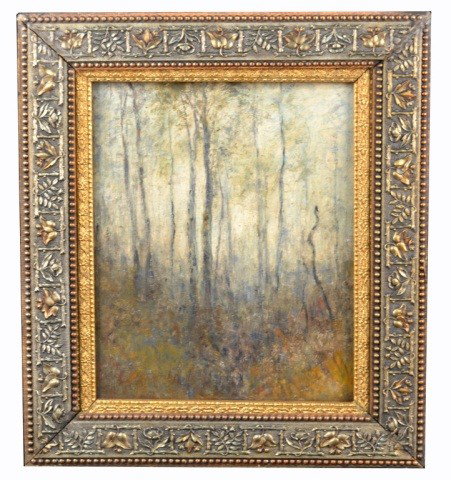 Impressionist Landscape of a Forest: Late 19th / early 20th century. Scandinavian school oil on wood, 17 1/2 x 14 1/2 inches.