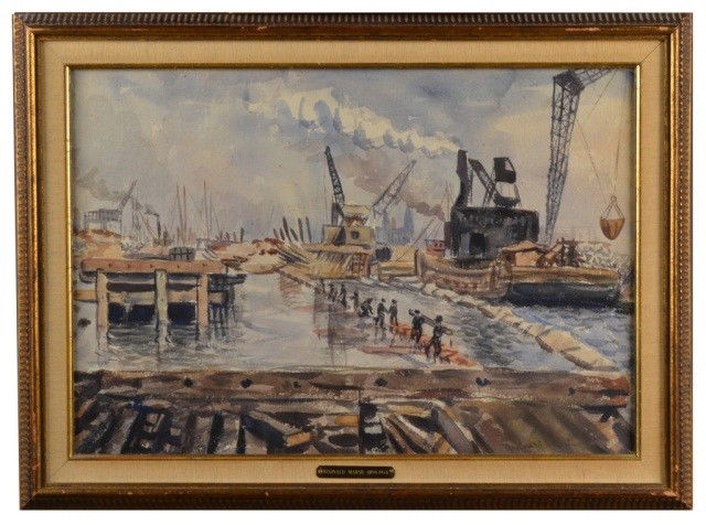 Reginald Marsh (Am, 1898-1954) Harbor Scene: Watercolor, signed l.r. Sight size 14 1/2 x 21 inches.
