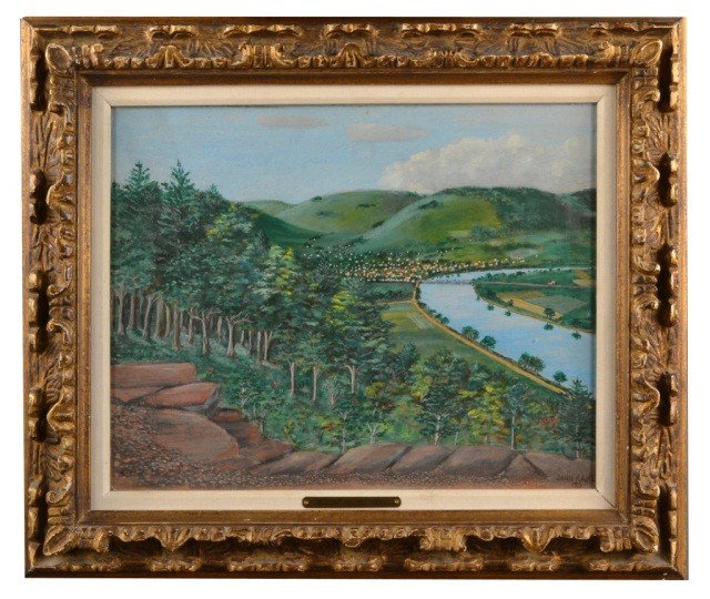John Kane (Am, 1860-1934) Halstead Pennsylvania: View of Halstead Pennsylvania 1933. Oil on canvas laid on board, signed and dated l.r. 1933, titled l.c. Sight size 15 1/2 x 18 1/2 inches.