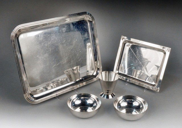 Group of Christofle Silver Plated Articles: Comprising two rectangular trays, two bowls and a beaker. Largest tray 14 x 11 inches.