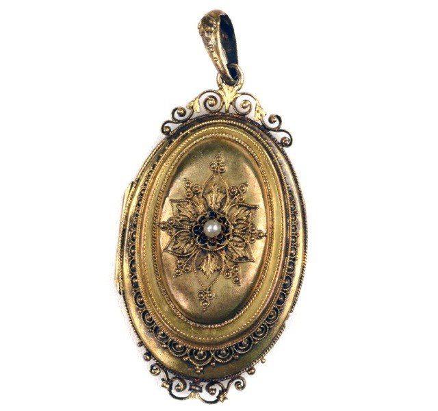 Mid Victorian 14k Gold Locket: 14k yellow gold locket, oval with applied granulation and a central pearl. Length 2 inches, approximately 6 dwt.