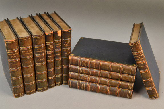 J.M. Barrie Eleven Volumes of Assorted Works: London: Cassel & Co., circa 1890. Mixed editions but containing first editions of The Little Minister (1891, three volumes), Sentimental Tommy (1896), etc. Contemporary full green morocco by Sangorski