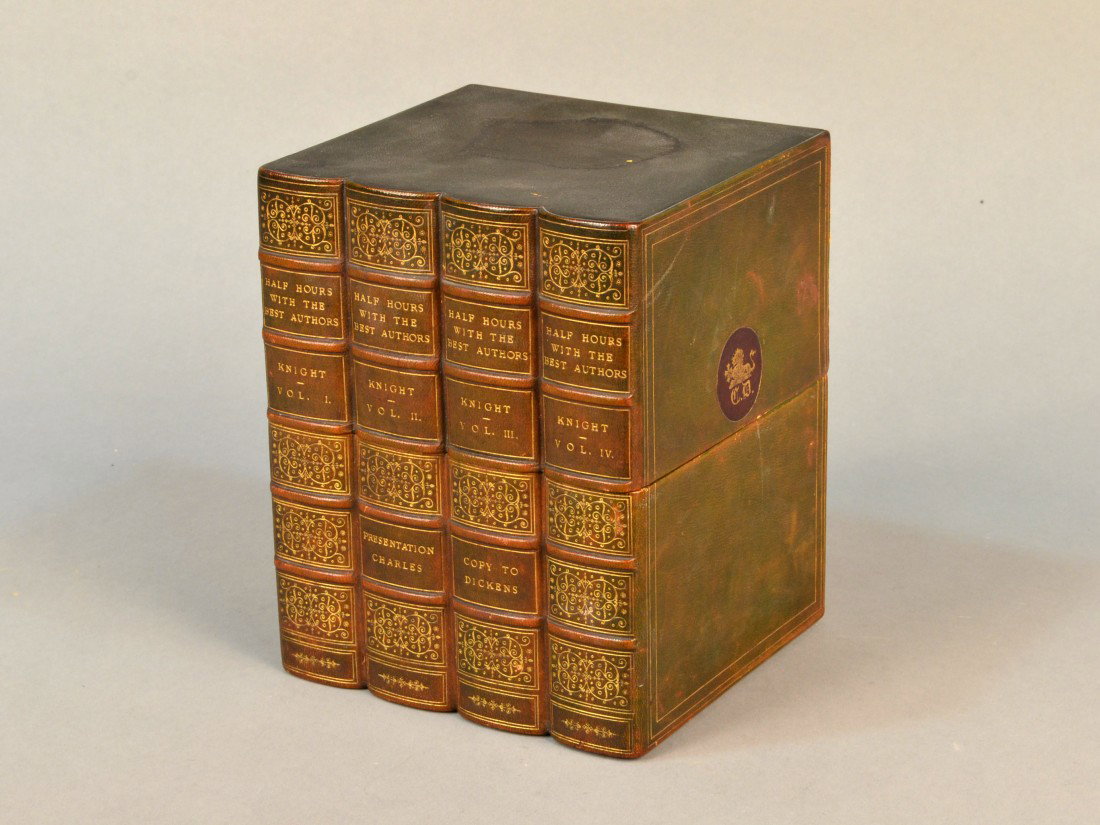 Charles Knight Half Hours With the Best Authors: Four Volumes, presented to Dickens by Knight. London: Charles Knight, 1848. Original purple cloth, with Dicken's Gadshill bookplate to each volume, housed in a custom Sangorski & Sutcliffe case with r