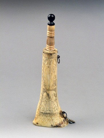 16/17th C. Carved Bone Powder Horn: Winged Mercury and Allegorical Scenes. In the form of an animal hoof. Provenance: Christie's, sale 5434 lot #20b, November 17, 1983.